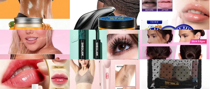 Collage of SHEIN beauty flash-sale products: SHEGLAM makeup, lip balms, hair styling stick and grooming tools