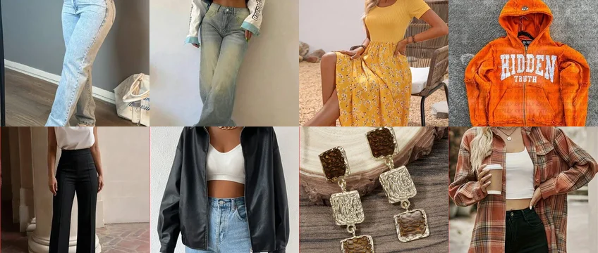 Collage of SHEIN fashion products: jeans, maxi dress, hoodie set, flare pants, leather jacket, drop earrings and plaid shirt