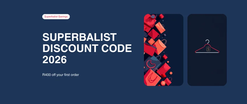 Red shopping bags and a clothes hanger with a price tag for the Superbalist first order discount in South Africa